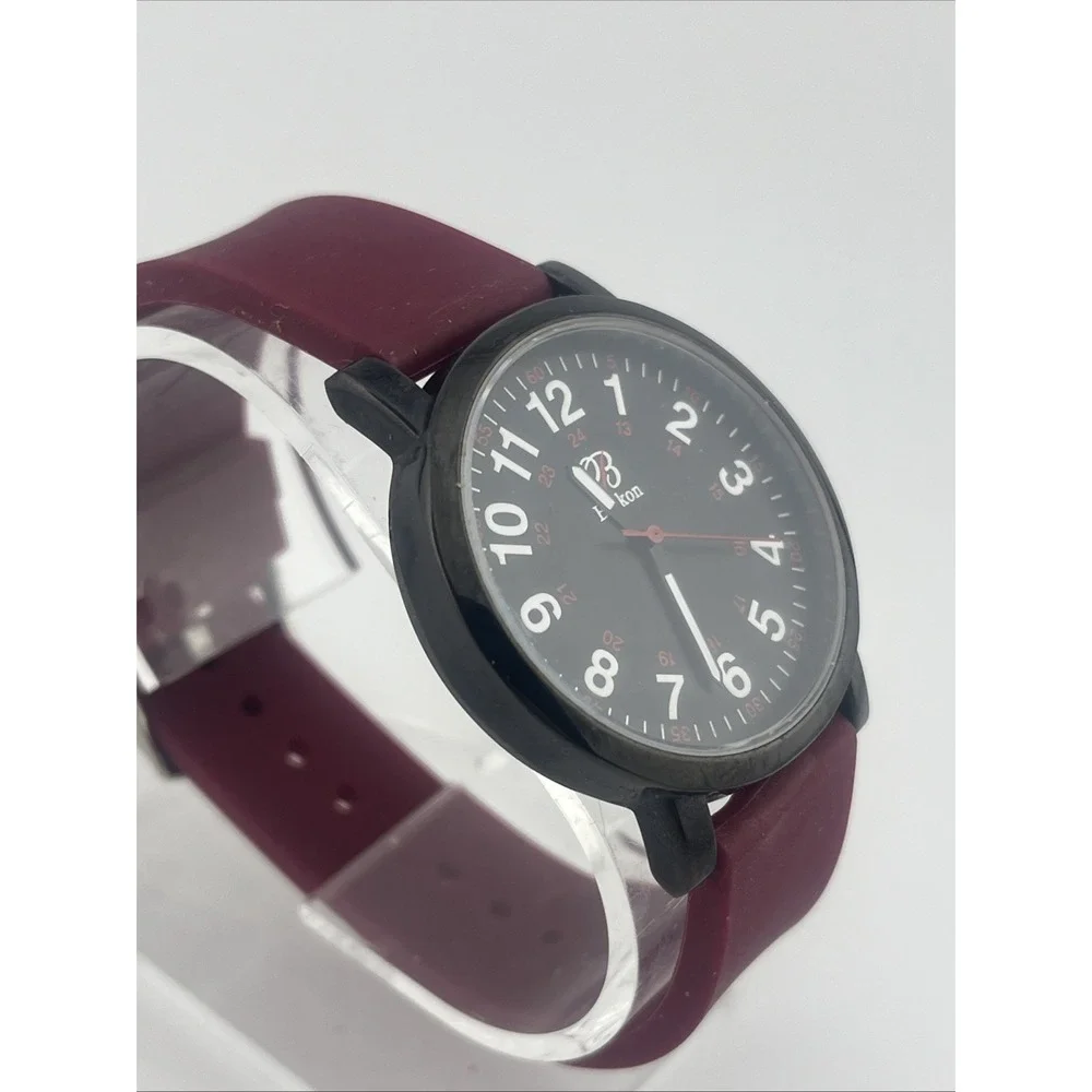 Blekon Watch Men 38mm Black‎ Case Maroon Silicone Band- New Battery
